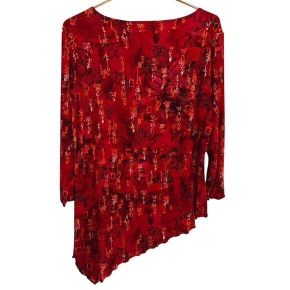 Chico's Travelers Asian Inspired Top Size Large / 2 Red Asymmetrical Hem Stretch - Picture 5 of 6